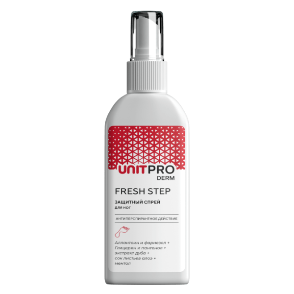 UNITPRO Derm Fresh Step Защитный противогрибковый спрей для ног, дезодорирующий кожу